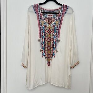 Johnny Was Cream Tunic with Multicolor Geometric Embroidery size Small
